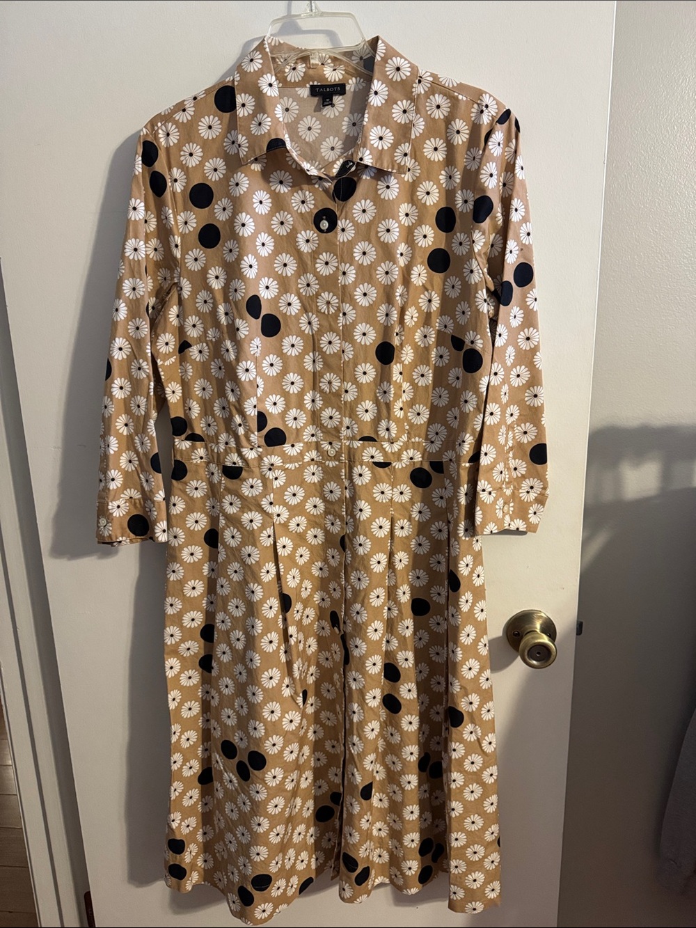 Talbots Tan Daisy Midi Shirt Dress with Black Polka Dots